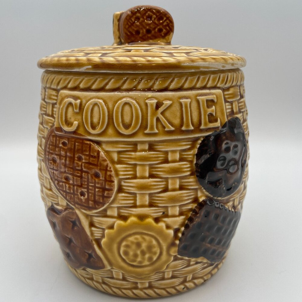 Vintage Cookie Jar Japan Brown Ceramic Basket Basketweave with Lid 6"